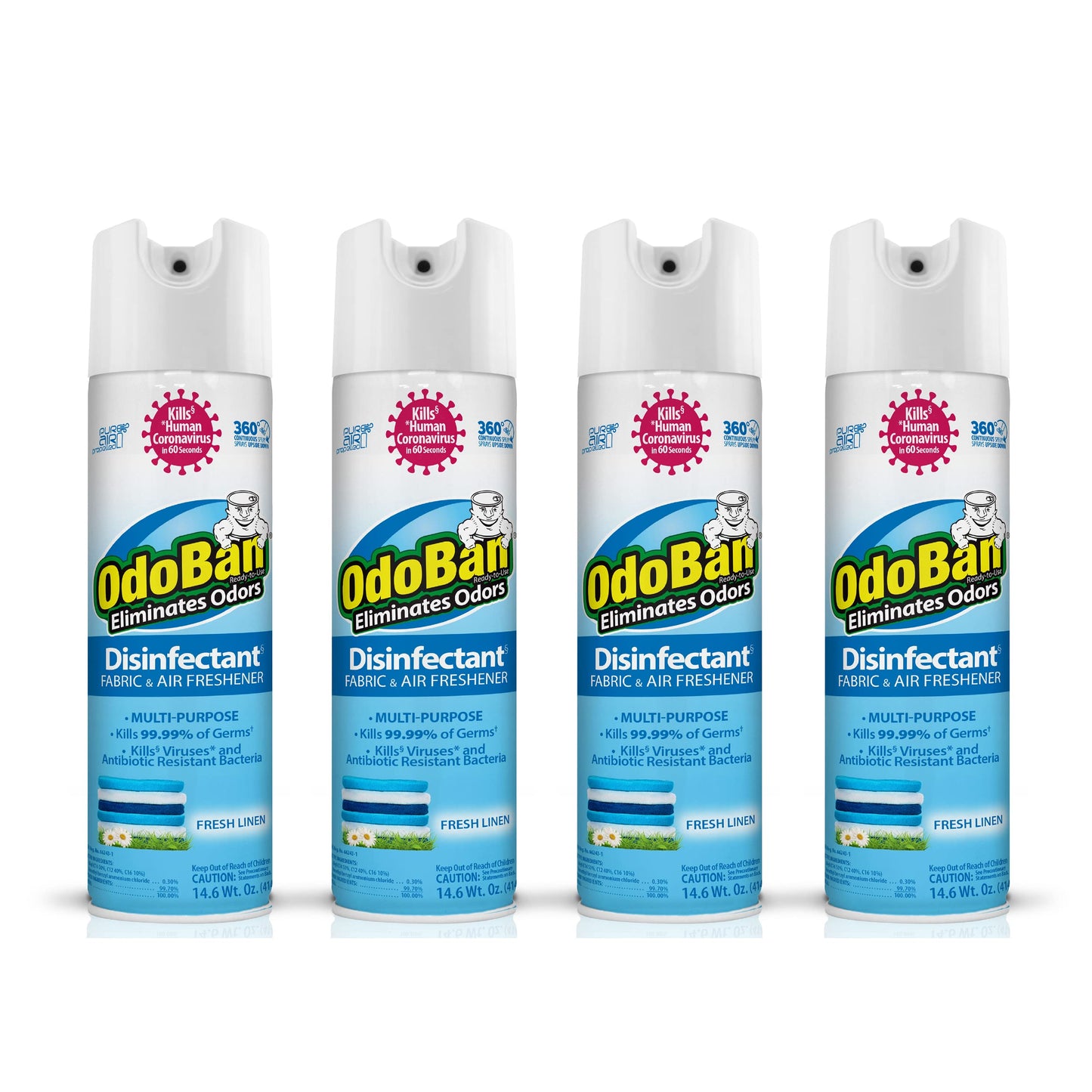 OdoBan Ready-to-Use 360-Degree Continuous Spray Disinfectant and Harsh Aroma Eliminator, Fabric and Air Freshener, 4 Pack, 14.6 Ounces Each, Fresh Linen Scent