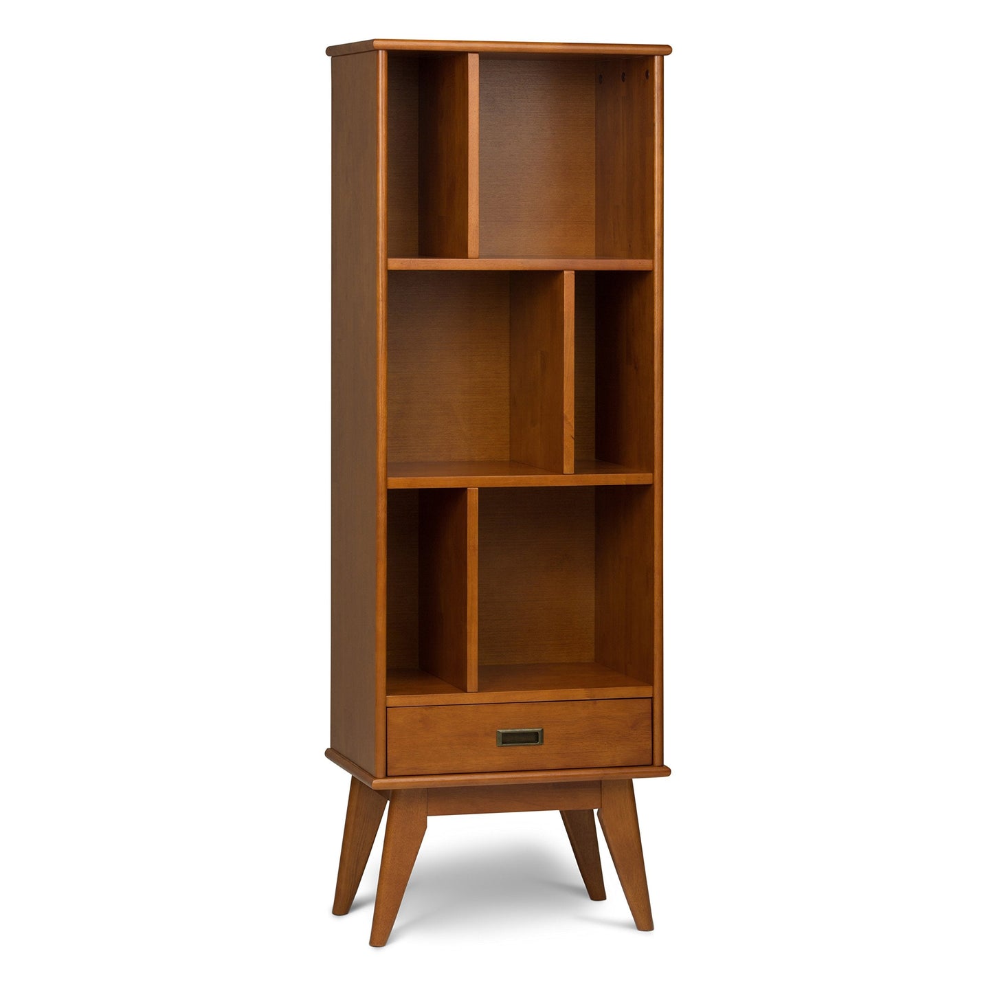SIMPLIHOME Draper Bookcase - 64 inch Tall Solid Wood Storage Bookshelf in Teak Brown, Mid-Century Modern Storage for Living Room, Study Room or Office with Adjustable Shelves and Angled Legs