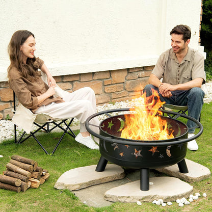 Skiennix 32-Inch Round Fire Pit - Metal Wood Burning Design with Mesh Cover & Poker | Perfect for Outdoor Gatherings