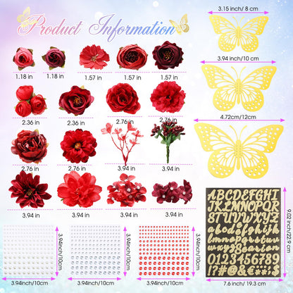 Hoteam DIY Graduation Cap Decorations Kit Included Faux Flowers 3D Butterfly Self Adhesive Rhinestones Glitter Alphabet Letter Stickers for 2026 Grad Cap Topper Party Gifts Decor(Red)