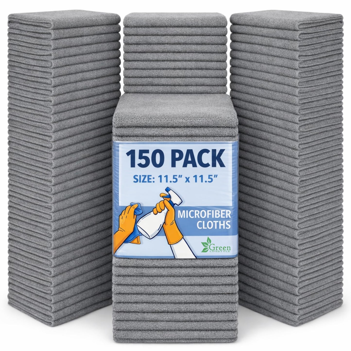 GREEN LIFESTYLE Microfiber Cleaning Cloth 11.5" x 11.5" 150 Pack - Edgeless Microfiber Towels for Cars, Cleaning Rags, Lint Free Car Microfiber Towel, Reusable Cleaning Cloths for House, Garage (Grey)