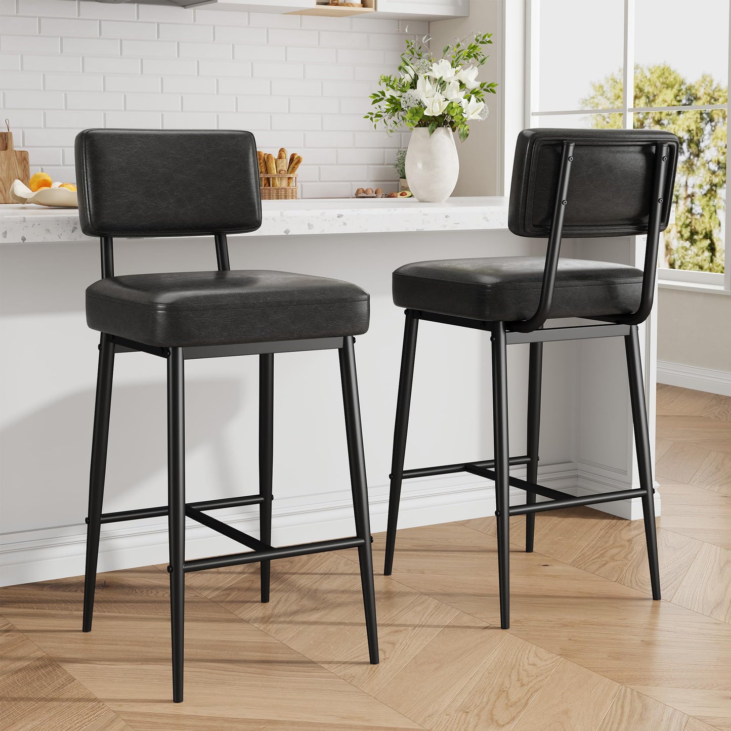 GarveeHome Bar Stools Set of 4, 26" Black Faux Leather Counter Height Bar Stools with Backs, Modern Upholstered Barstool Chairs with Metal Legs for Kitchen Island, Home Bar, Dining Room