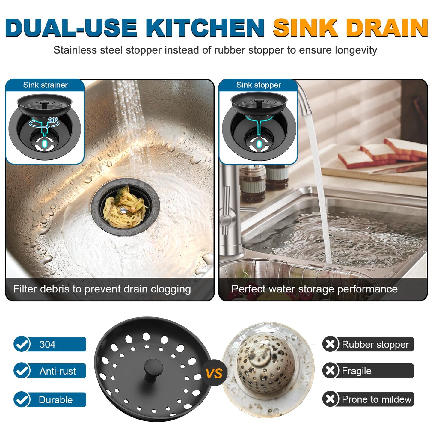 BOTEMY Stainless Steel Black Sink Drain Strainer Kit 3-1/2 inch Kitchen Drain Assembly with Metal Center Knob Basket Stopper Replacement for Standard Kitchen Sinks, Matte Black