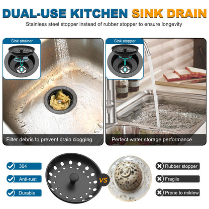 BOTEMY Stainless Steel Black Sink Drain Strainer Kit 3-1/2 inch Kitchen Drain Assembly with Metal Center Knob Basket Stopper Replacement for Standard Kitchen Sinks, Matte Black