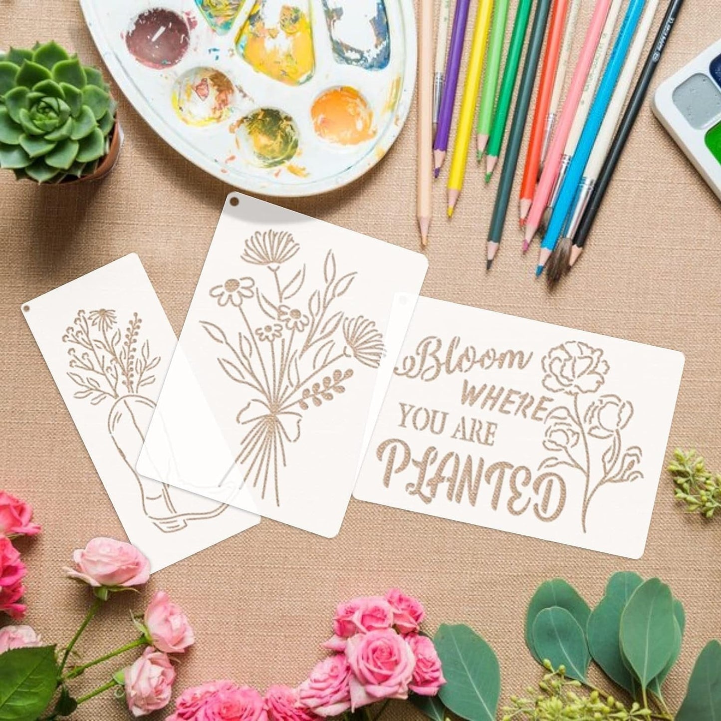 Baychendoo 15 Pcs Floral Craft Stencils - 5.9x7.87 Inch Reusable Spring Wildflower Bouquet Templates for DIY Wood Painting, Scrapbooking, Fabric Art, Canvas Projects & Handmade Home Decor
