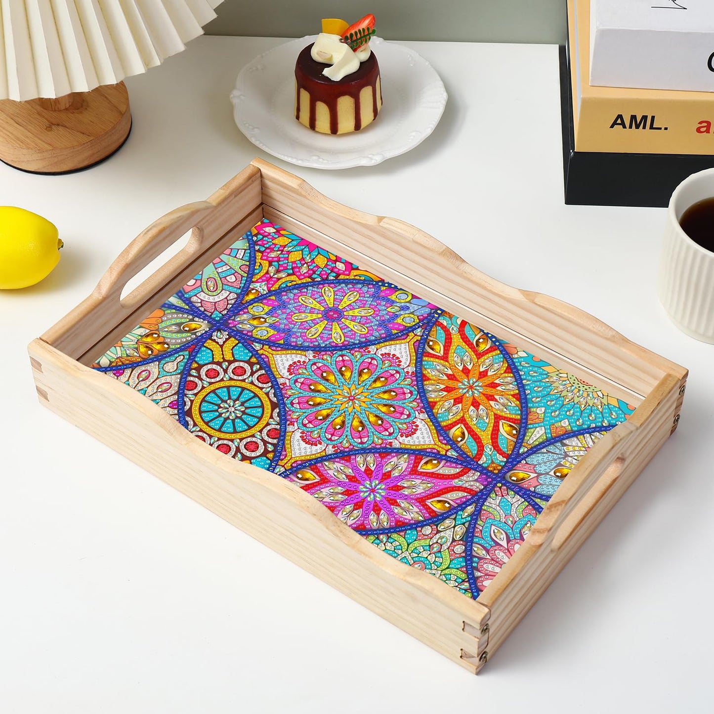 EWJRNSF Diamond Art Kits for Adults Wooden Serving Trays with Handles, 5D Diamond Painting Big Gem Arts and Craft Gifts Trays Decor Gift Home Decor 7.8x11.8 Inches Mandala A