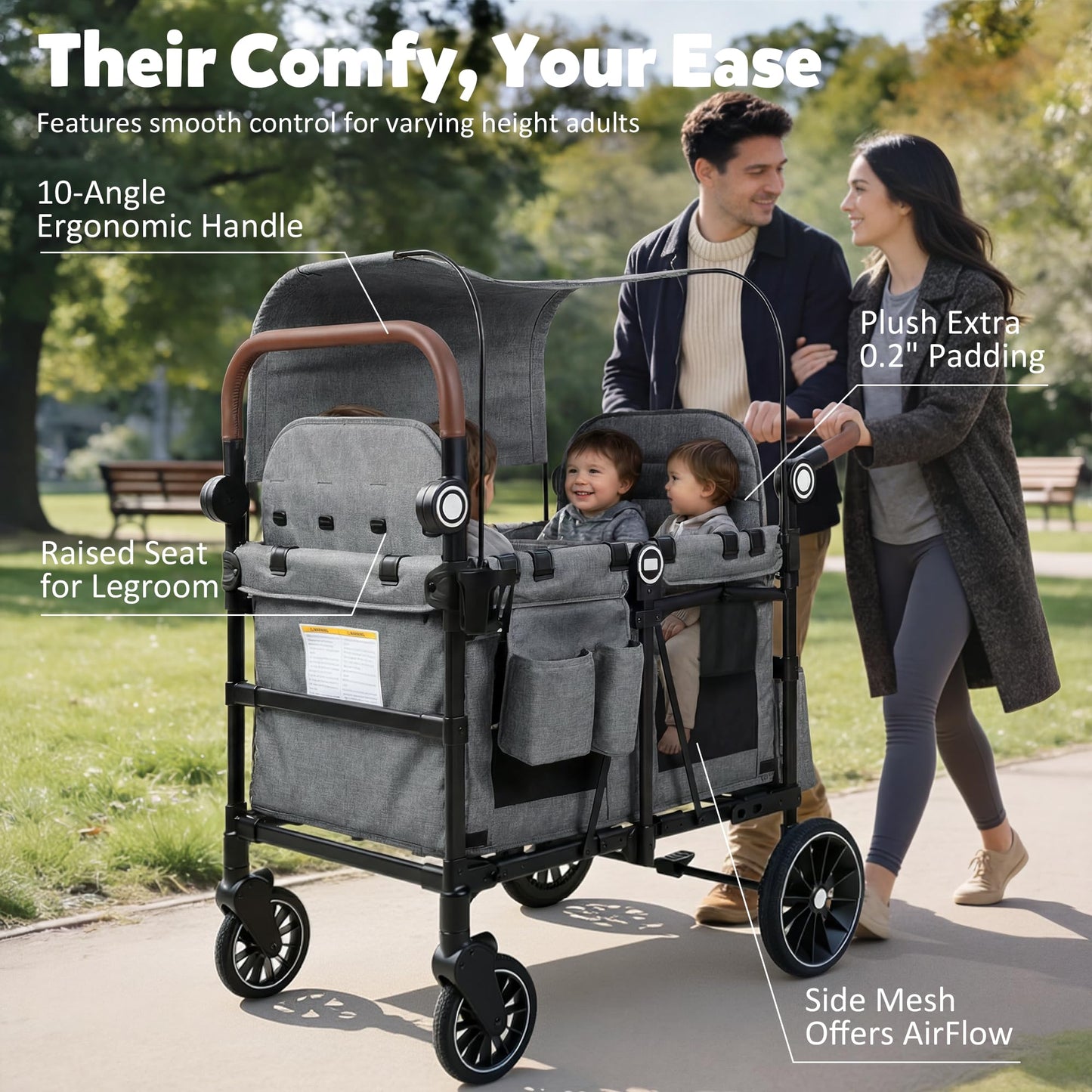 TODEFULL Wagon Stroller for 4 Kids, Foldable Kids Wagon Cart Featuring with Harnesses, Adjustable Double Push Handle, Removable Canopy, Snack Tray, Large Storage Bag