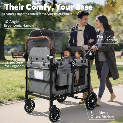 TODEFULL Wagon Stroller for 4 Kids, Foldable Kids Wagon Cart Featuring with Harnesses, Adjustable Double Push Handle, Removable Canopy, Snack Tray, Large Storage Bag