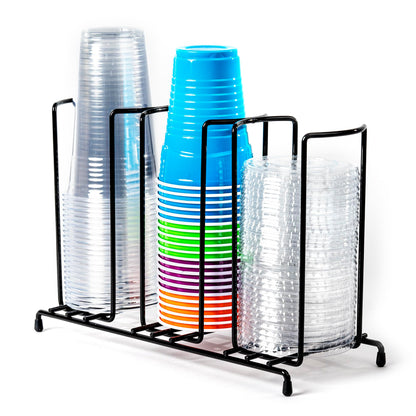 Inevibe Wire Frame Cup and Lid Organizer, 3 Compartment Metal Rack Design Storage Holder for Plastic, Coffee Beverage Cups