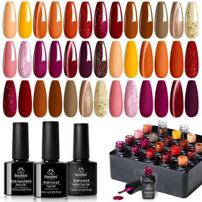 Beetles Fall Gel Nail Kit, Mystic Wonderland Gel Polish Set, 36 Colors Burgundy Brown Orange Red Polish Kit with Base Coat Glossy Matte & Glitter Top Coat Soak Off UV Led Nails Gifts for Women