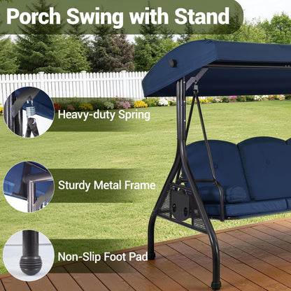 WINVO 3-Seat Outdoor Porch Swing with Adjustable Canopy, 2 in 1 Convertible Patio Swing Bed, Patio Glider Swing for Adult, with Cup Holder and Pillow for Backyard, Blue