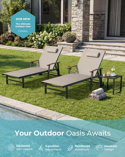 Ciokea Outdoor Lounge Chair with Pillow Set of 2, 5-Position Aluminum Chaise Lounge with Wheels & Armrests, 400 lbs Heavy Duty Patio Pool Chair for Backyard, Deck, Beach & Poolside, Khaki