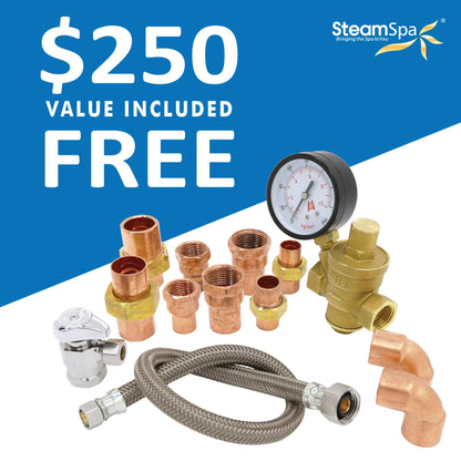 SteamSpa 9kW Steam Sauna Generator Premium Bundle 240V Steam Generator with Touch Pad Control, Steamheads, Pressure Relief Valve, Built-in Auto Drain and Plumber Quick Install Kit PRT900CH-A