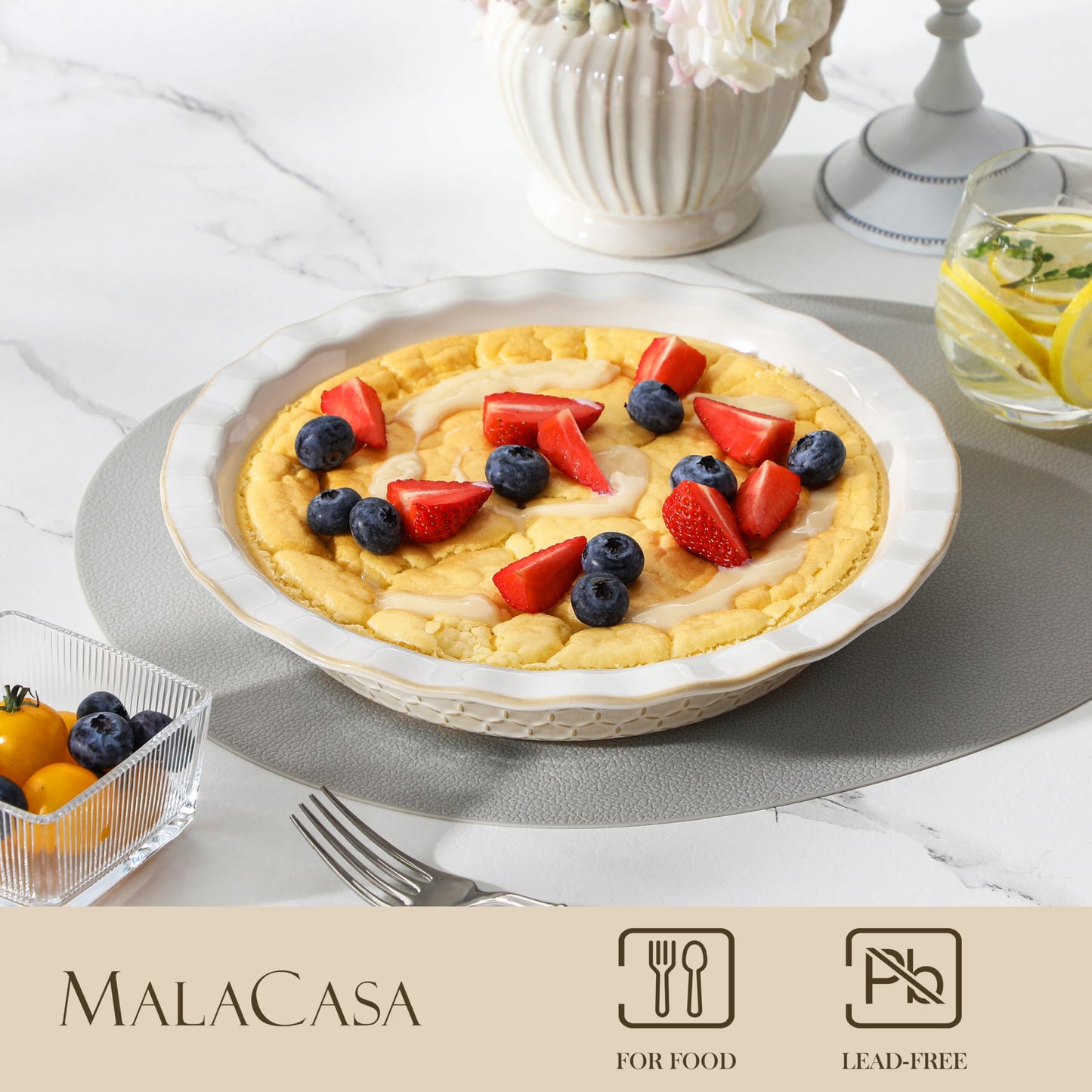 MALACASA Pie Dish for Baking, Stoneware Pie Pan 9 Inch, Embossed Deep Dish Pie Pans, 45 OZ Round Baking Dish Pie Pan, Fluted Dish Pie Plate for Apple Pie, Quiche and Tart, Set of 1, Series LYDIA