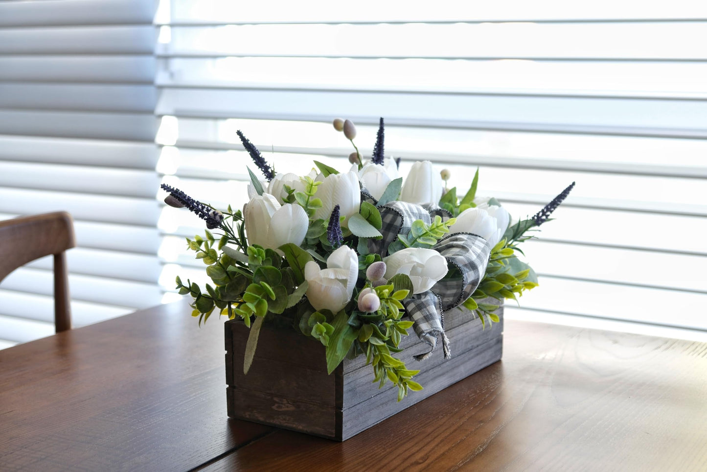 Spring Table Decor Faux White Tulips Arrangement, Spring Easter Tabletop Floral Centerpiece, Artificial Tulip Lavender Eucalyptus Boxwood and Bow in Rectangular Wood Box for Home Decoration, 14in