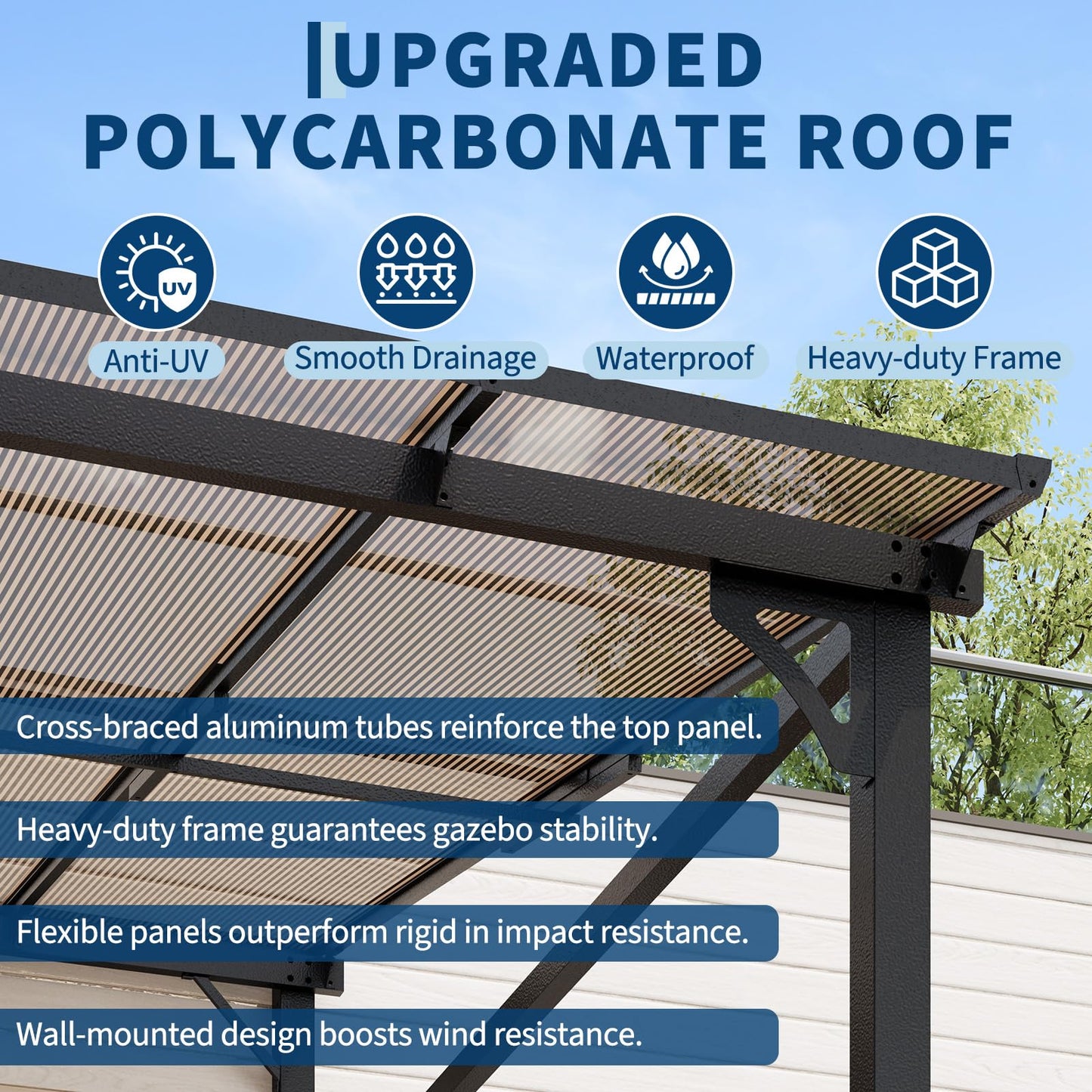 10 x 10 ft Sloped Patio Awning Gazebo, 4-Post Hardtop Pavilion with PC Polycarbonate Roof, Waterproof UV Resistant Outdoor Shade Shelter for Patio, Backyard, Garden and Lawn Activities