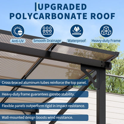 Acekool 10x10 Ft Wall Mounted Gazebo Pergola, Outdoor Lean to Gazebo Hardtop with Polycarbonate Roof, Upgraded Steel Frame Hardtop Pavilion for Patio, Garden, Lawn, Deck