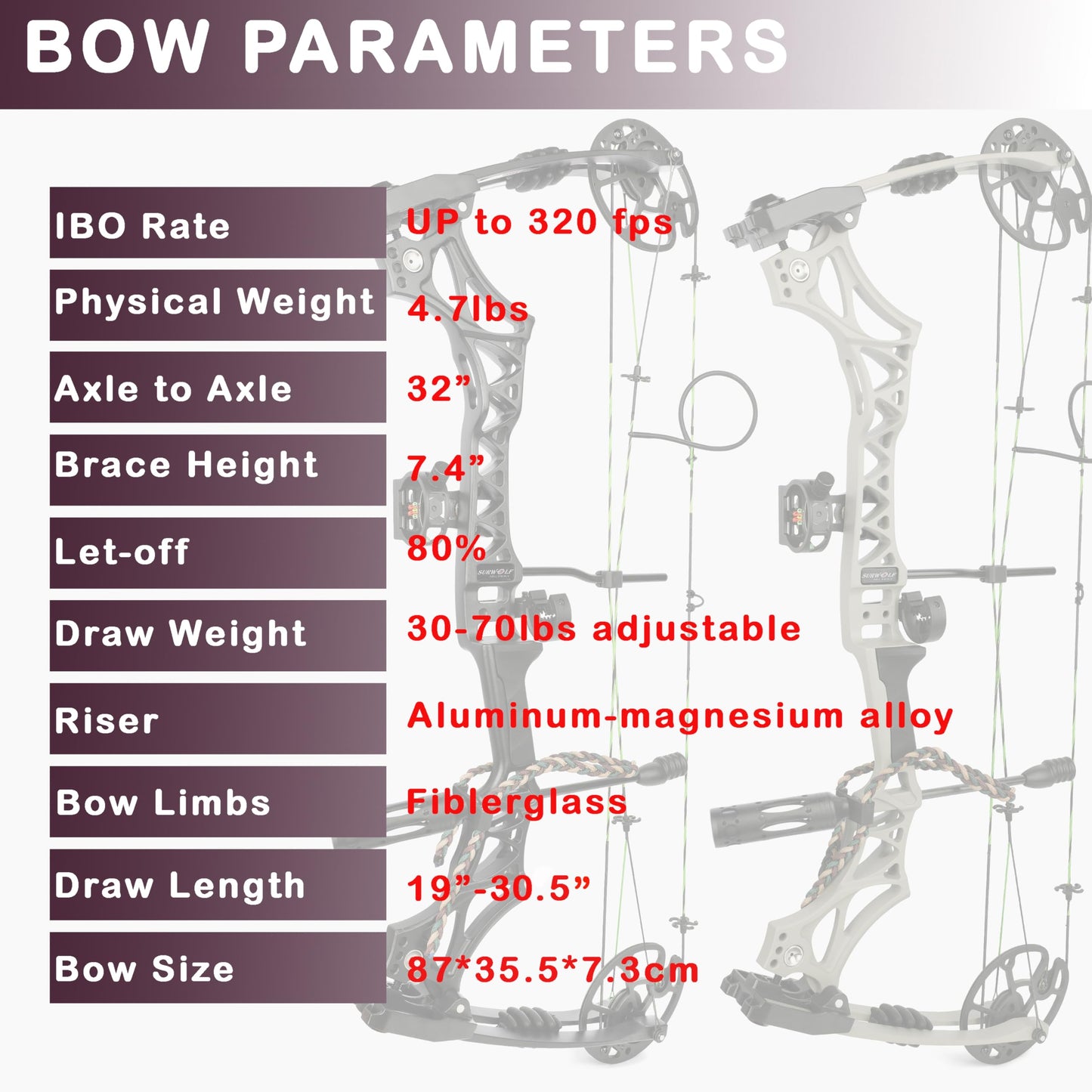 surwolf Compound Bow Kit, Hunting and Target, Limb Made in USA,Draw Weight 30-70 lbs Adjustable, Draw Length 19-30.5",up to IBO 320FPS Speed, Package with Archery Hunting Accessories (Grey)