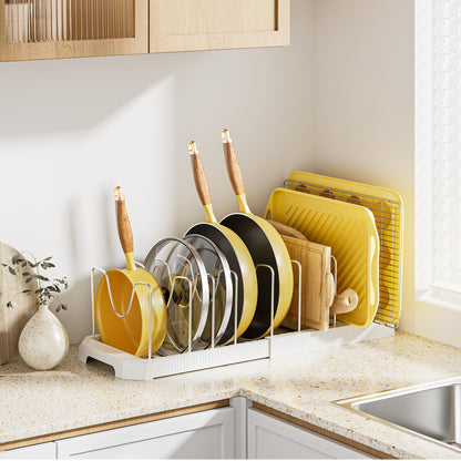 Mudeela Pot Lid Organizer Rack for Cabinet, Expandable Pots and Pans Organizer under Cabinet with 10 Adjustable Dividers, Pan Organizers Holder inside Cabinet for Plates, Cutting Boards, Baking Sheets