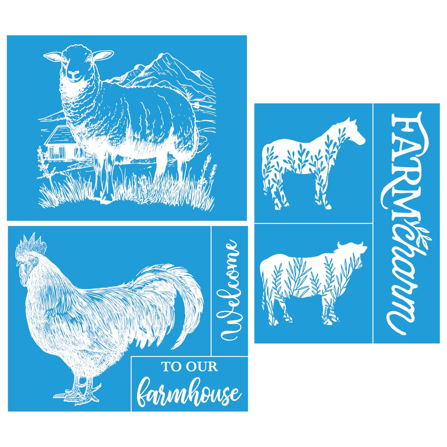 Shineone, 3Pcs, Farmhouse, Silk Screen Stencils, Reusable Silk Screen Stencils, with Adhesive, for Home Decoration on Wood, Fabric, Glass, Plastic, Ceramics, Paper. 8.5”x11”