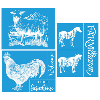 Shineone, 3Pcs, Farmhouse, Silk Screen Stencils, Reusable Silk Screen Stencils, with Adhesive, for Home Decoration on Wood, Fabric, Glass, Plastic, Ceramics, Paper. 8.5”x11”