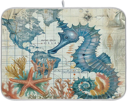 Nautical Ocean Seahorse Dish Drying Mat, 16x18 in Retro Map Microfiber, Absorbent Reversible Kitchen Accessories