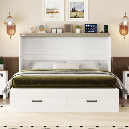 Merax Modern Farmhouse Solid Wood Murphy Cabinet Bed with Charging Station, Foldable Wall Platform Bed with Storage Drawer/No Box Spring Needed/Easy Assemble/Queen, White