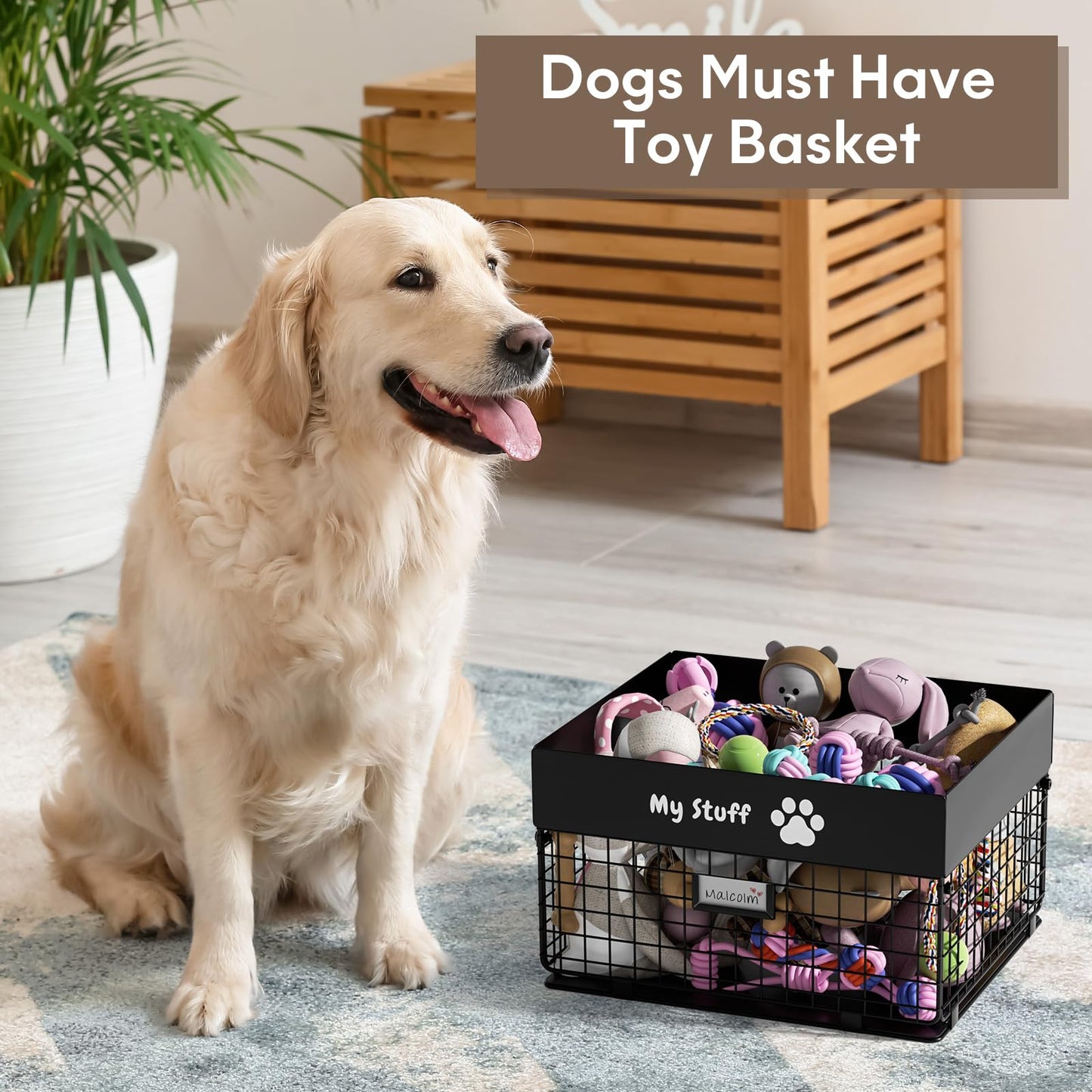 qeerable Dog Toy Basket - Metal Large Dog Toy Box for Small Dog - Dog Toy Storage Bin for Pet - Personalized Large Dog Toy Basket for Puppy and Pet- Dog Toy Organizer Holder Boxes for Living Room