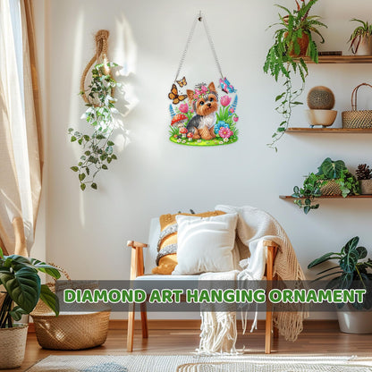 MEIYUDA Flowers Dog Diamond Art Hanging Kits for Adult, Yorkshire Puppy Diamond Painting Hanging Kits Ornaments, DIY Special Shaped Rhinestone Window Pendants Kit for Home Garden Wall Decor Gift