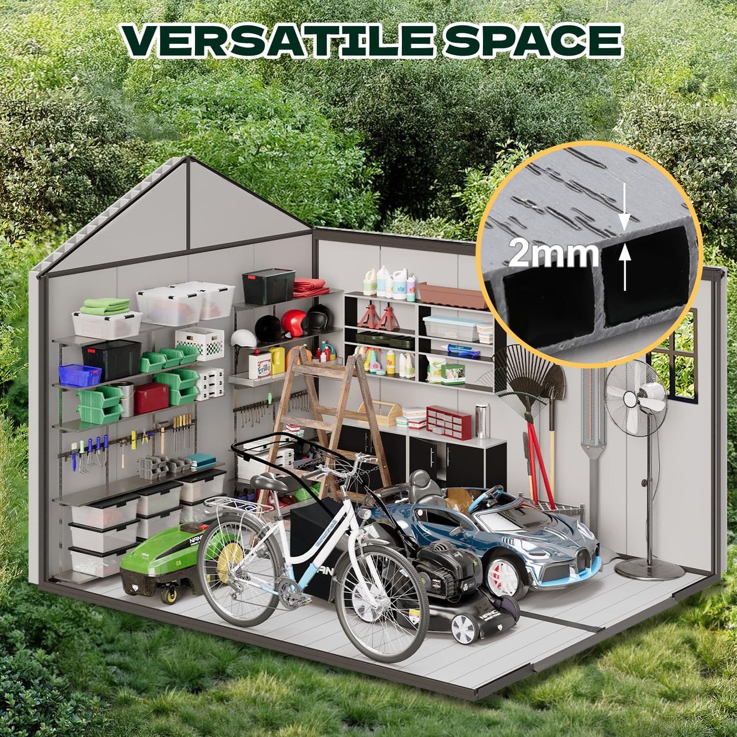 DNYKER 8 x 10 FT Resin Outdoor Storage Shed with Floor, Plastic Outdoor Storage Tool Shed with Windows and Lockable Door, Patio Garden Shed for Lawnmower, Bike, Pool Supply
