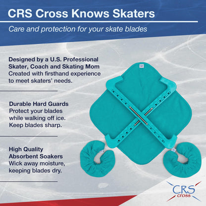 CRS Cross Ice Skate Guards, Soakers and Towel Gift Set. Essential Ice Skating Hard Guard and Soft Skate Blade Cover Accessories for Figure Skating or Hockey (Triple Teal, Large)