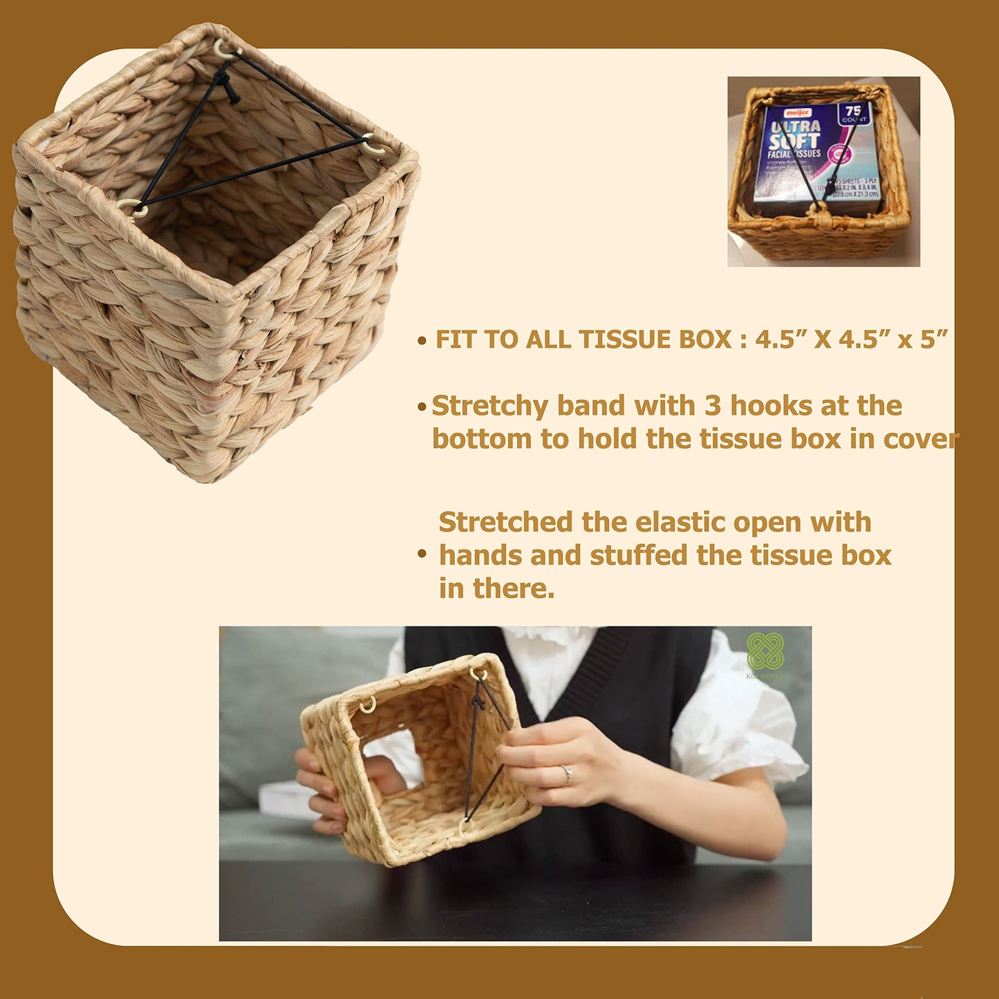 KOLWOVEN Tissue Box Holder - Square- Rattan Wicker Tissues Cube Box Cover -Boho Decorative Woven Facial Tissue Holder on Table and Barthroom (Square)