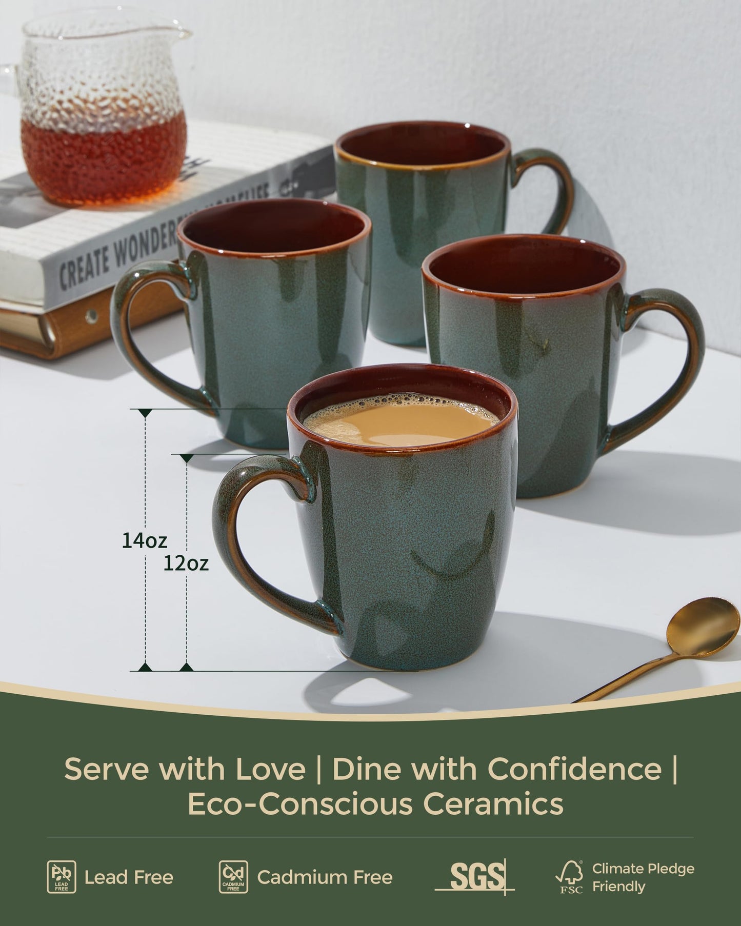 Pokini Coffee Mug 14 oz, Ceramic Coffee Mugs Set of 4, Reactive Glaze Mug for Latte/Tea/Cappuccino, Large Stackable Mug Set for Men, Women, Dad, Mom, Dishwasher & Microwave Safe, Brown Green