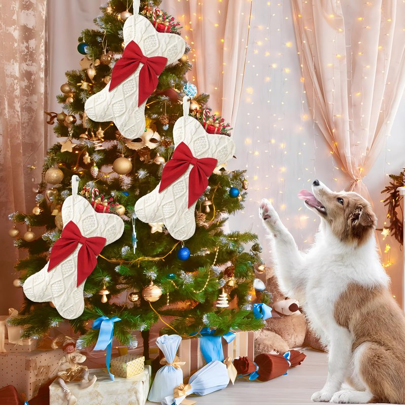 Paulmele Dog Christmas Stocking,Knit Pet White Large Christmas Stocking,Dog Bone Christmas Stockings for Dogs Puppys Pets,Hanging Bone with Bow (Red)
