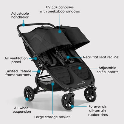 Baby Jogger® City Mini GT2 All-Terrain Double Stroller, Forever Air Rubber Tires, All-Wheel Suspension, Twin Stroller with Belly Bar, Leatherette Handlebar, Premium Fabric, Amazon Exclusive Pike Color
