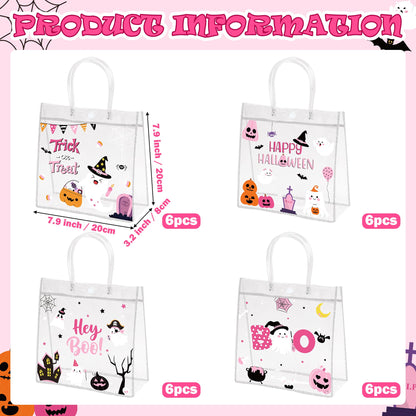 H1vojoxo Halloween Party Gift Bags - 24PCS Pink Halloween Clear PVC Gift Bags with Handle Trick or Treat Goodie Treat Tote Bag Reusable Hey Boo Pumpkin Tote Bag for Kid Pink Ghost Parties Favor Supply