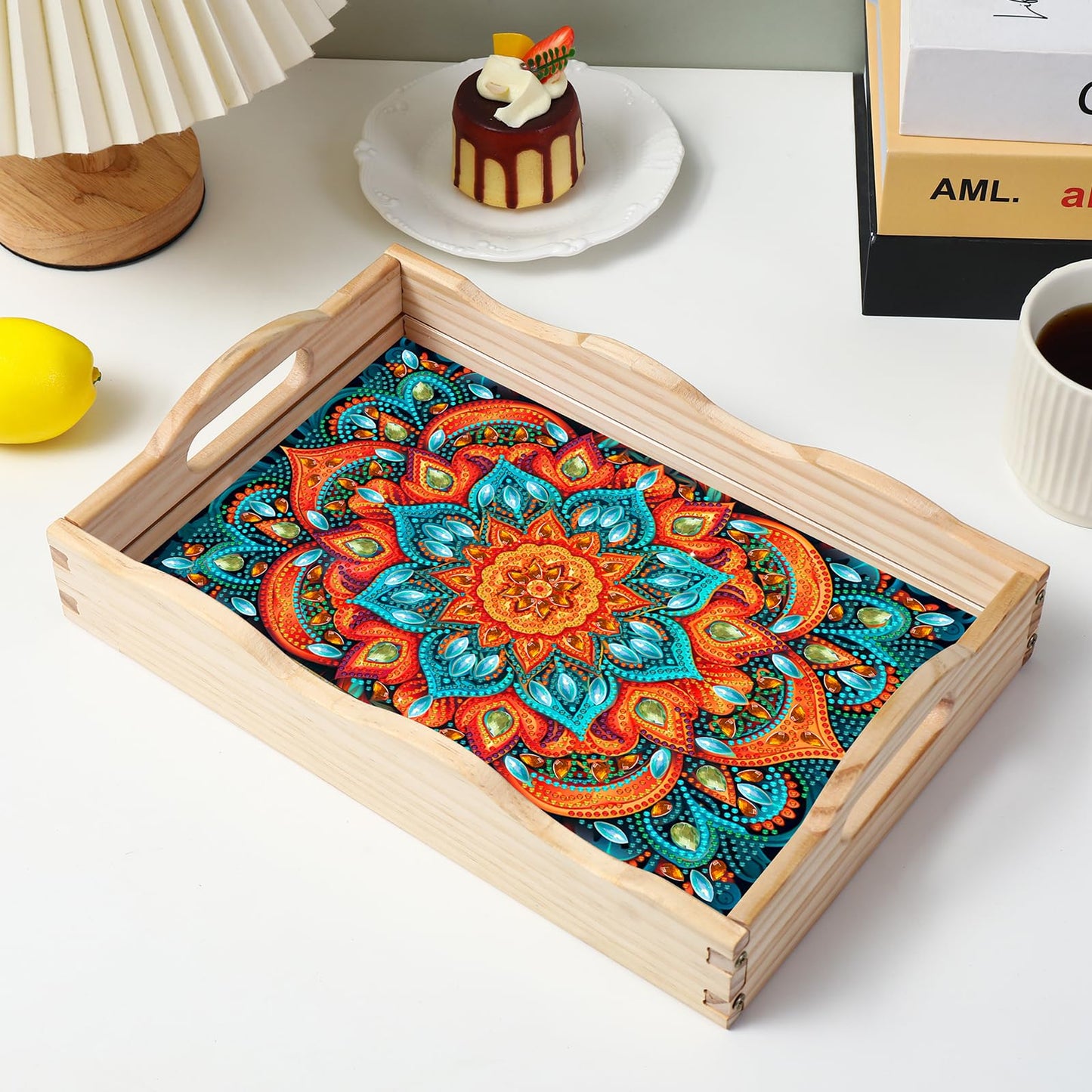 EWJRNSF Diamond Art Kits for Adults Wooden Serving Trays with Handles, 5D Diamond Painting Big Gem Arts and Craft Gifts Trays Decor Gift Home Decor 7.8x11.8 Inches Mandala E