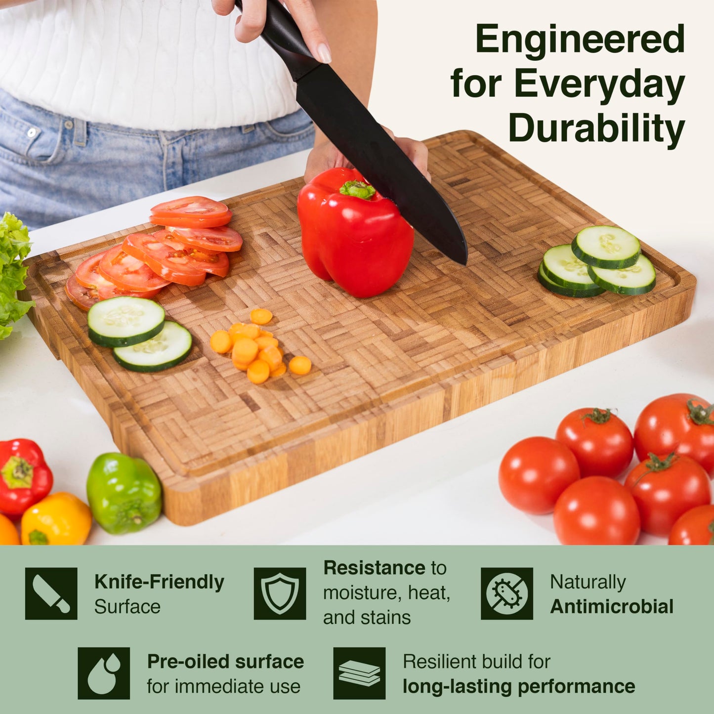 Cactus & Cubby Premium Bamboo Cutting Board. Deluxe Deep Carbonised End Grain Wooden Cutting Board. 16.5" x 11.8". Pre-oiled Butcher Block for Prepping & Serving. Knife Friendly