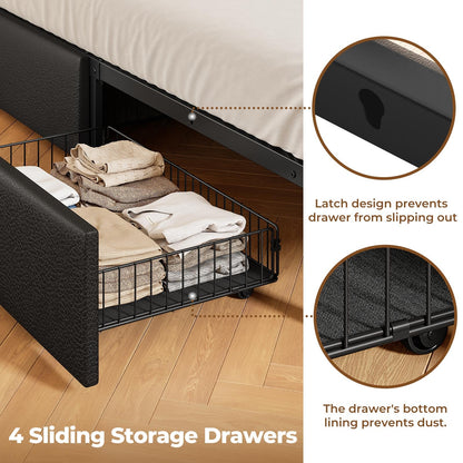Rolanstar Full Bed Frame with Storage,4-Drawer Platform Bed with USB Charging Station,Built in LED Lights and Bookcase Headboard,No Box Spring Needed,Easy Assembly,Noise-Free,Black