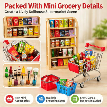112pcs Miniature Dollhouse Grocery Set Shopping Cart Basket Food Drink Bottle Supermarket Metal Handcart Toys Doll House Store Cosplay Game Dollhouse Grocery Party Trolley Model Dollar Bills