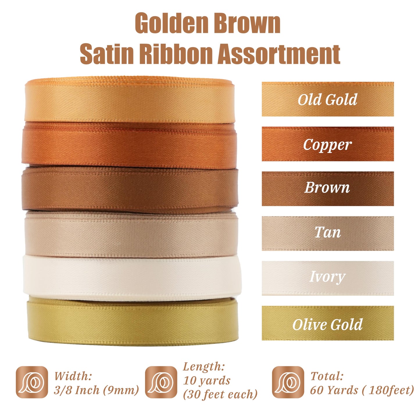 MAYREEL 3/8 Inch Gold Satin Ribbon Golden Brown for Gift Wrapping Wedding Bridal Shower Baby Shower Party Decorations 6 Rolls x 10 Yards Total 60 Yards