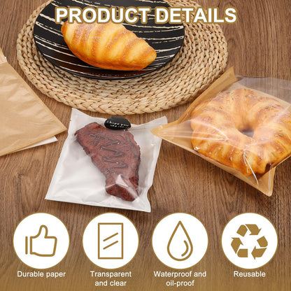 uxcell 100 Pcs Clear Paper Cookie Bags with 120 Pcs Stickers, 7.1 x 7.5 Inch Bakery Bags with Clear Window Packing for Cookies, Candy Goodie Favors Gift Giving, Yellow
