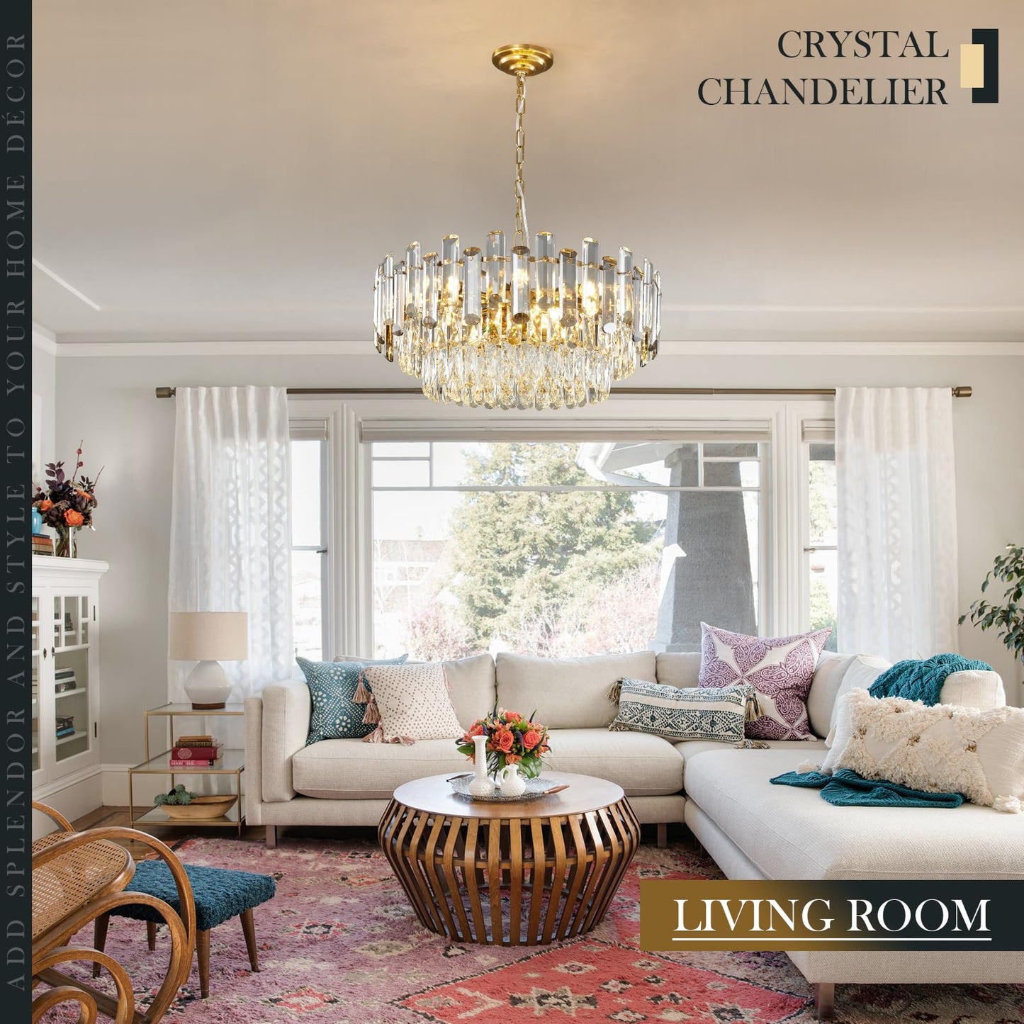 XIAOQIWU Gold Crystal Chandelier 23.6" Modern Crystal Pendant Light 3-Tier12-Light Ceiling Pendant Light Fixture for Dinning Room Living Room Foyer