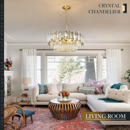 XIAOQIWU Gold Crystal Chandelier 23.6" Modern Crystal Pendant Light 3-Tier12-Light Ceiling Pendant Light Fixture for Dinning Room Living Room Foyer