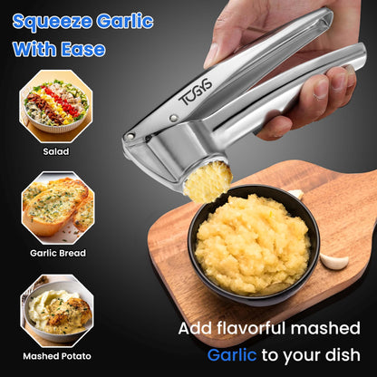 TOGYS Heavy Duty Stainless Steel Garlic Press - Professional Grade Garlic Mincer & Crusher with Ergonomic Soft Grip Handle, Dishwasher Safe, Rust-Proof - Easy to Clean Kitchen Gadget for Cooking