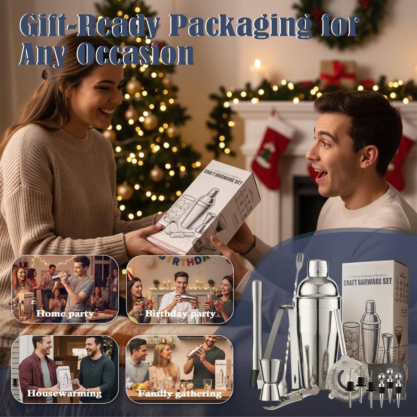 Primero Basics 13-Piece Bartender Kit Bar Tool Set – Boston Cocktail Shaker Set with Muddler,Strainer,Jigger,Spoon–Home Bar Accessories and Drink Mixer Gift for Bartesian,Housewarming, Bar Cart Decor
