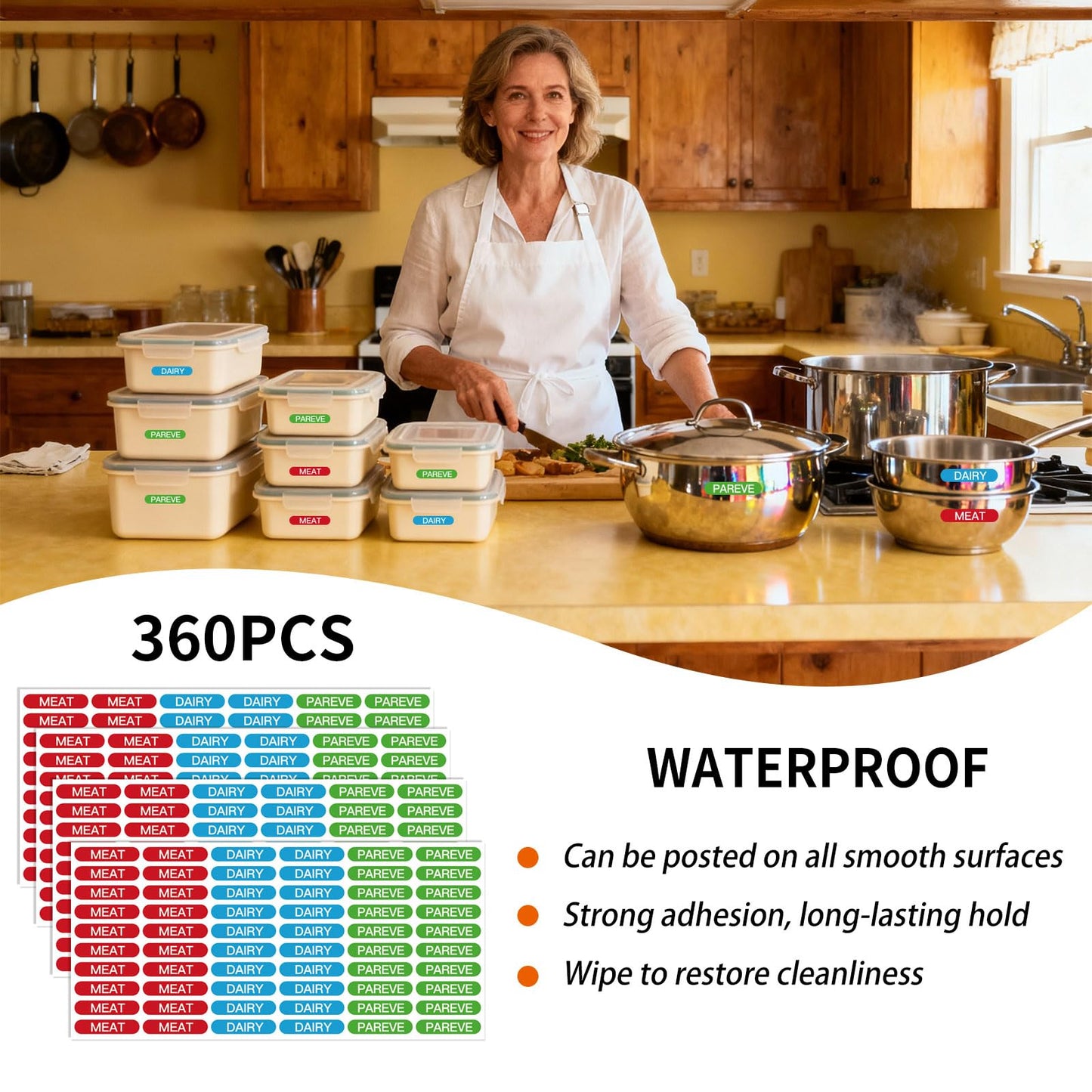 360PCS Kosher Labels for Kitchen, Color Coded Meat Dairy Pareve Stickers, PVC Material,1.25 x 0.27 Inch, Waterproof & Dishwasher Safe,Freezable and Microwavable