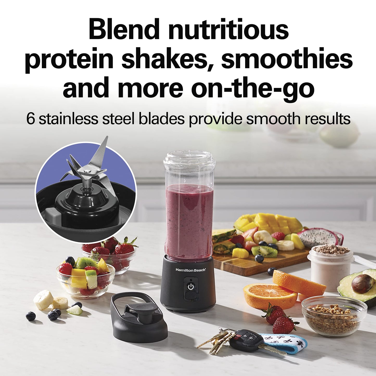 Hamilton Beach Mini Cordless Portable Personal Blender for Shakes and Smoothies, USB Rechargeable, 16 oz. Jar with Leakproof Travel Lid, 6 Stainless Steel Blades, Pink (51181)