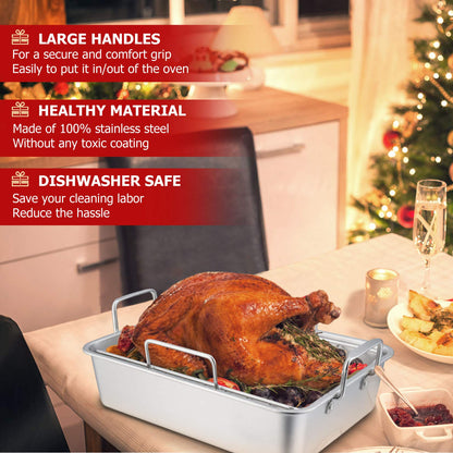 P&P CHEF 14" Roaster Roasting Pan with Baking Rack and V-shaped Rack, Stainless Steel Rectangular Lasagna Pan with Handles for Turkey Chicken, Healthy & Dishwasher Safe, 3 Pieces, Silver