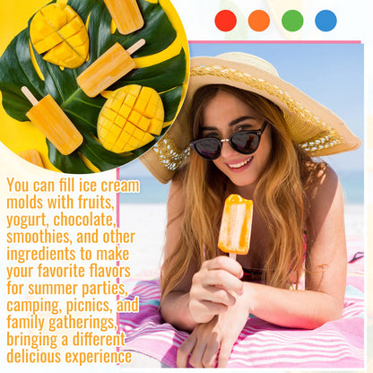 Hoolerry 4 Set Silicone Ice Lolly Molds, Reusable Ice Cream Molds with 200 Wooden Sticks, Easy Release Pop Maker, Frozen Treat Mold for Homemade, Red, Blue, Green, Orange(10 Cavities)